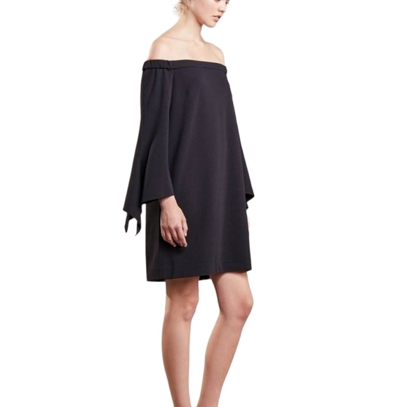 Tibi Off Shoulder Tie Sleeve Crepe Shift Dress Black Loose Fit Size: 0 - Picture 4 of 14